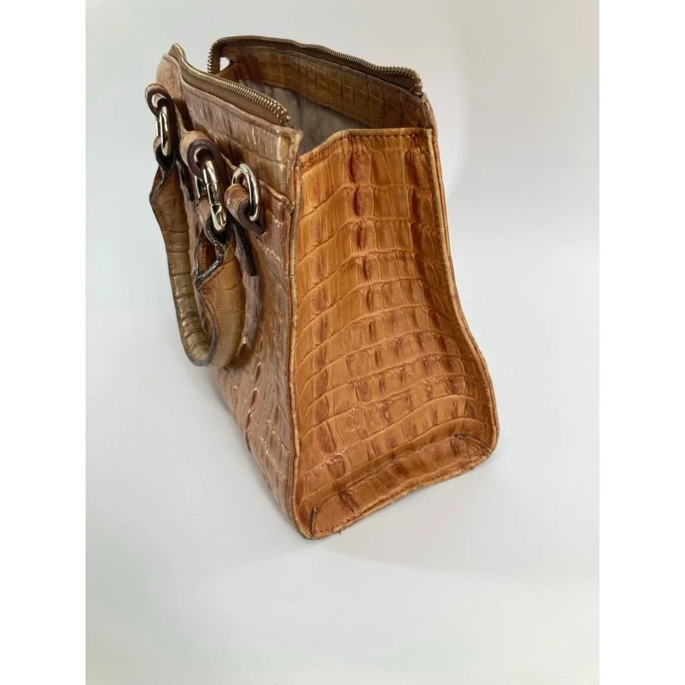 Brahmin Pecan Croc Embossed Leather Satchel Handbag Tan Zip Top Small Tote